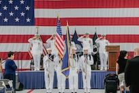 250828-N-NO841-1001
VIRGINIA BEACH, Virginia (Aug. 28, 2025) – Sailors assigned to the commander, Undersea Surveillance (CUS) color guard present colors during a change of command ceremony for CUS held at the Center for Naval Aviation Technical Training Unit in Virginia Beach, Virginia, Aug. 28, 2025. During the ceremony, Capt. Steven Lawrence, from Bridgeport, Pennsylvania, relieved Capt. Stephany Moore, from Caledonia, New York as commander of CUS. CUS provides global maritime acoustic surveillance and timely, accurate anti-submarine warfare (ASW) reporting using persistent, long-range, fixed and mobile systems. (U.S. Navy photo by Yeoman 1st Class Nikolas Cantu)