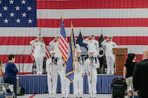 250828-N-NO841-1001
VIRGINIA BEACH, Virginia (Aug. 28, 2025) – Sailors assigned to the commander, Undersea Surveillance (CUS) color guard present colors during a change of command ceremony for CUS held at the Center for Naval Aviation Technical Training Unit in Virginia Beach, Virginia, Aug. 28, 2025. During the ceremony, Capt. Steven Lawrence, from Bridgeport, Pennsylvania, relieved Capt. Stephany Moore, from Caledonia, New York as commander of CUS. CUS provides global maritime acoustic surveillance and timely, accurate anti-submarine warfare (ASW) reporting using persistent, long-range, fixed and mobile systems. (U.S. Navy photo by Yeoman 1st Class Nikolas Cantu)