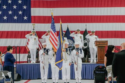 250828-N-NO841-1001
VIRGINIA BEACH, Virginia (Aug. 28, 2025) – Sailors assigned to the commander, Undersea Surveillance (CUS) color guard present colors during a change of command ceremony for CUS held at the Center for Naval Aviation Technical Training Unit in Virginia Beach, Virginia, Aug. 28, 2025. During the ceremony, Capt. Steven Lawrence, from Bridgeport, Pennsylvania, relieved Capt. Stephany Moore, from Caledonia, New York as commander of CUS. CUS provides global maritime acoustic surveillance and timely, accurate anti-submarine warfare (ASW) reporting using persistent, long-range, fixed and mobile systems. (U.S. Navy photo by Yeoman 1st Class Nikolas Cantu)