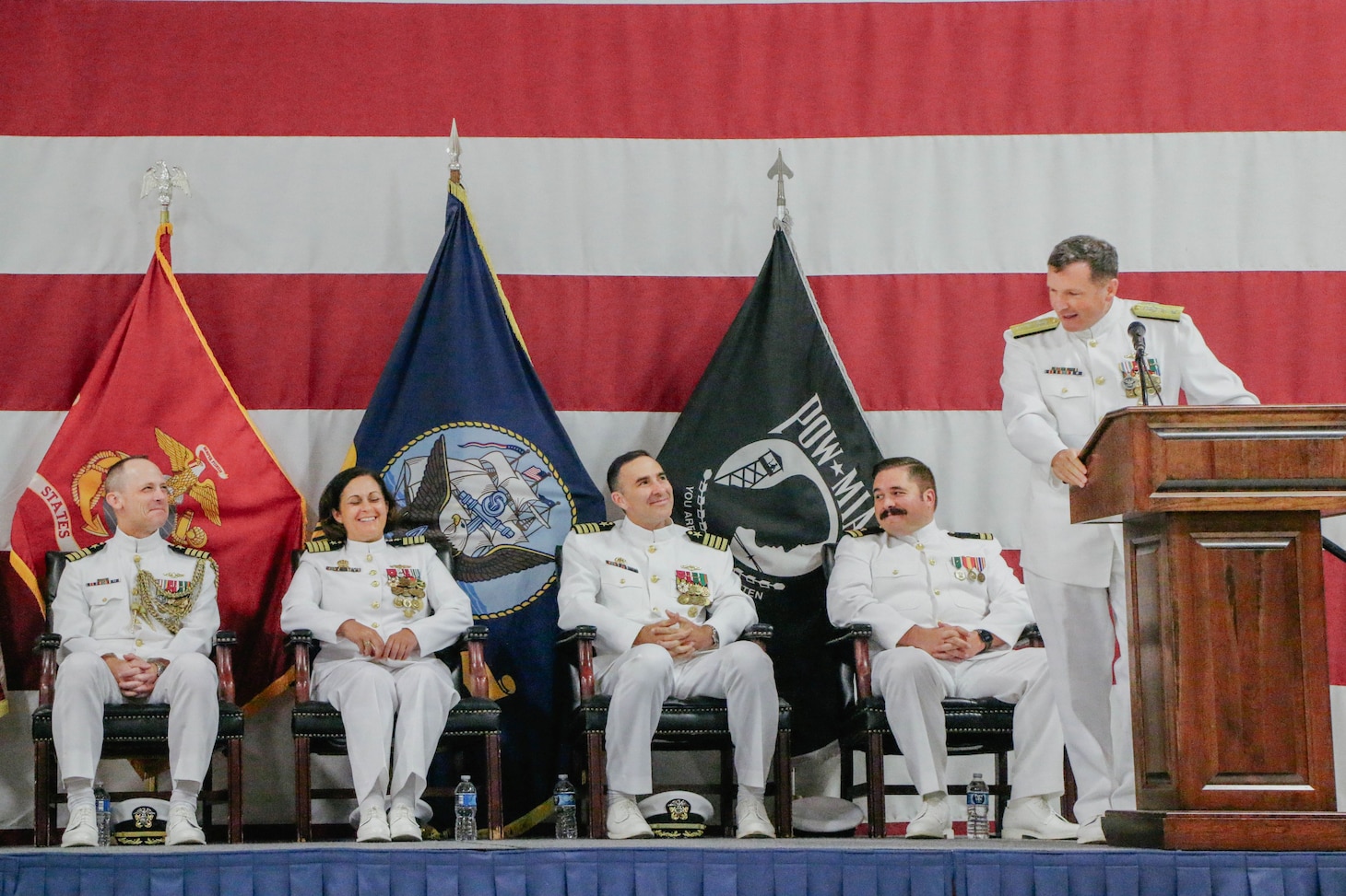 VIRGINIA BEACH, Virginia (Aug. 28, 2025) – Sailors assigned to the commander, Undersea Surveillance (CUS) color guard present colors during a change of command ceremony for CUS held at the Center for Naval Aviation Technical Training Unit in Virginia Beach, Virginia, Aug. 28, 2025. During the ceremony, Capt. Steven Lawrence, from Bridgeport, Pennsylvania, relieved Capt. Stephany Moore, from Caledonia, New York as commander of CUS. CUS provides global maritime acoustic surveillance and timely, accurate anti-submarine warfare (ASW) reporting using persistent, long-range, fixed and mobile systems. (U.S. Navy photo by Yeoman 1st Class Nikolas Cantu)