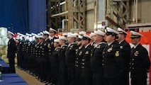 U.S. Naval Ship Repair Facility and Japan Regional Maintenance Center (SRF-JRMC) Sailors stand in formation during the formal portion of SRF-JRMC’s 2026 New Year celebration on Jan. 16.