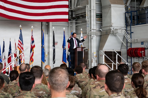Under Secretary of the Air Force Matt Lohmeier speaks with Airmen
