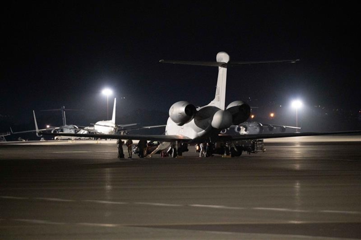 A U.S. Air Force EA-37B Compass Call parks on a flightline at Joint Base Pearl Harbor-Hickam, Hawaii, Sept. 29, 2025. As a force multiplier, the EA-37B directly enables other assets in multiple domains to operate effectively against sophisticated defense. (U.S. Air Force photo by Senior Airman Mark Sulaica)
