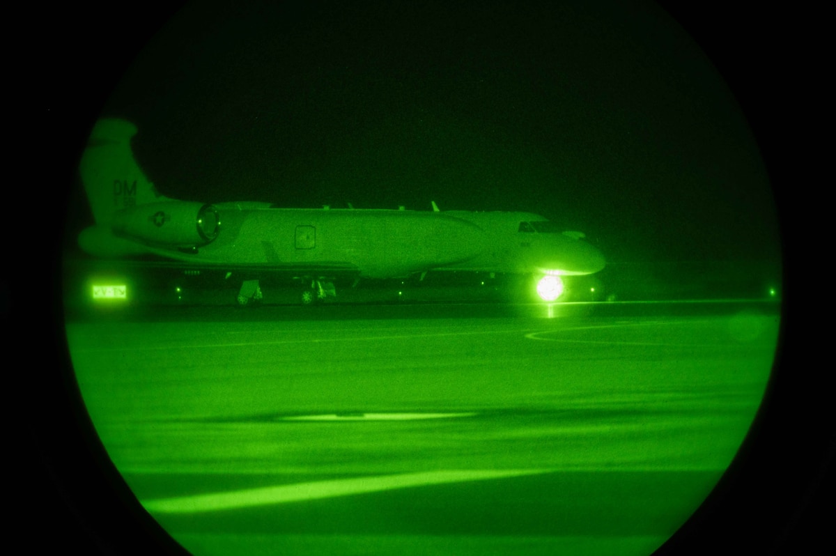 A U.S. Air Force EA-37B Compass Call taxis on the flightline at Joint Base Pearl Harbor-Hickam, Hawaii, Sept. 29, 2025. The aircraft, assigned to the 55th Electronic Combat Group, launched from Offutt Air Force Base for a roadshow across the Indo-Pacific. (U.S. Air Force photo by Senior Airman Mark Sulaica)