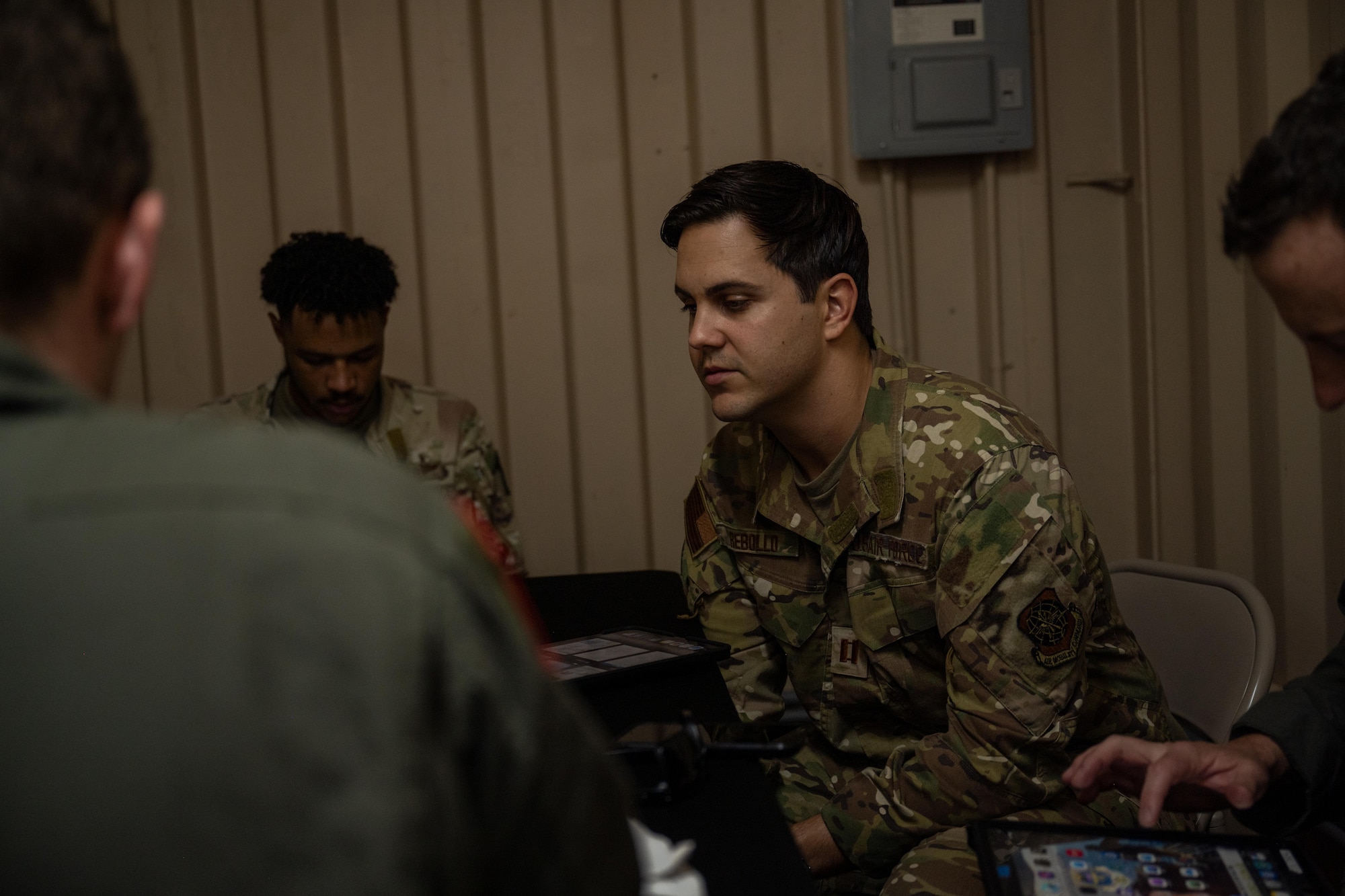 U.S. Air Force Capt. Tony Robello, 14th Airlift Squadron mission planning cell lead, briefs aircrew members assigned to the 317th Airlift Wing during Exercise Palmetto Reach at Saipan International Airport, Saipan, Jan. 14, 2025. Airmen assigned to the 14th AS served as the primary executing unit during the exercise, leading C-17 global mobility operations across multiple locations. (U.S. Air Force photo by Airman 1st Class Adrien Tran)