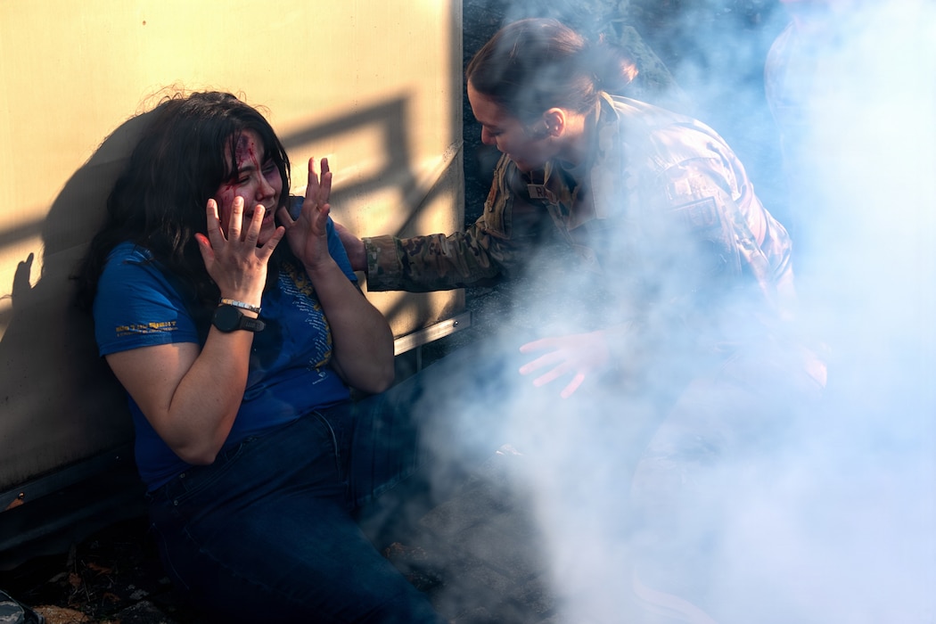 U.S. Air Force Senior Airman Madison Radulescu, 86th Medical Group medical technician, simulates assessing critical patient care during Adapt and Battlefield Readiness at Landstuhl Regional Medical Center, Germany, Jan. 22, 2026.