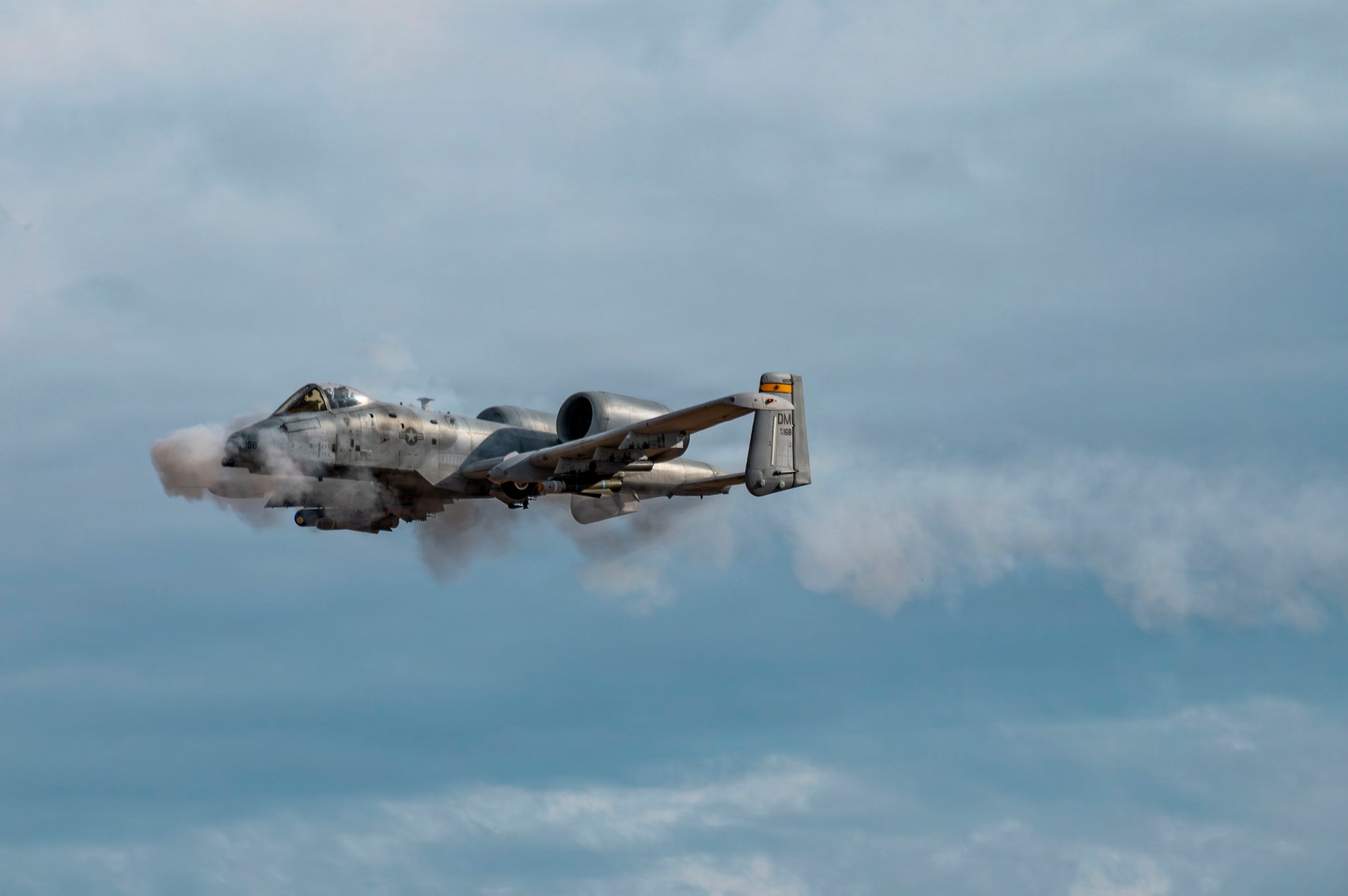 A U.S. Air Force A-10C Thunderbolt II aircraft assigned to the 357th Fighter Generation Squadron fires its GAU-8 30 mm Gatling gun at targets on a range in Gila Bend, Arizona, Jan. 23, 2025. The aircraft demonstrated its close air support capabilities while allowing pilots to maintain proficiency during live-fire training. (U.S. Air Force photo by Airman 1st Class Samantha Melecio)