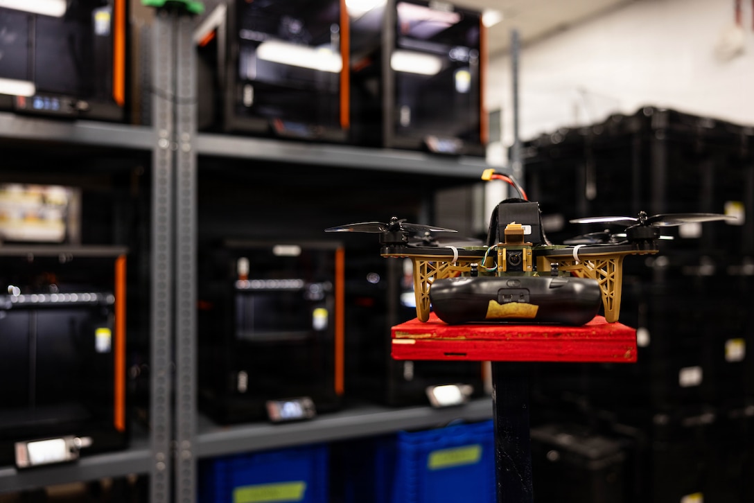 A HANX drone designed by U.S. Marine Corps Sgt. Henry David Volpe is staged at Marine Corps Base Camp Lejeune, North Carolina, Jan. 23, 2026. The HANX is the Marine Corps' first National Defense Authorizing Act-compliant, 3D-printed drone, providing a secure and adaptable aerial platform for the modern warfighter. (U.S. Marine Corps photo by Sgt. Alfonso Livrieri)