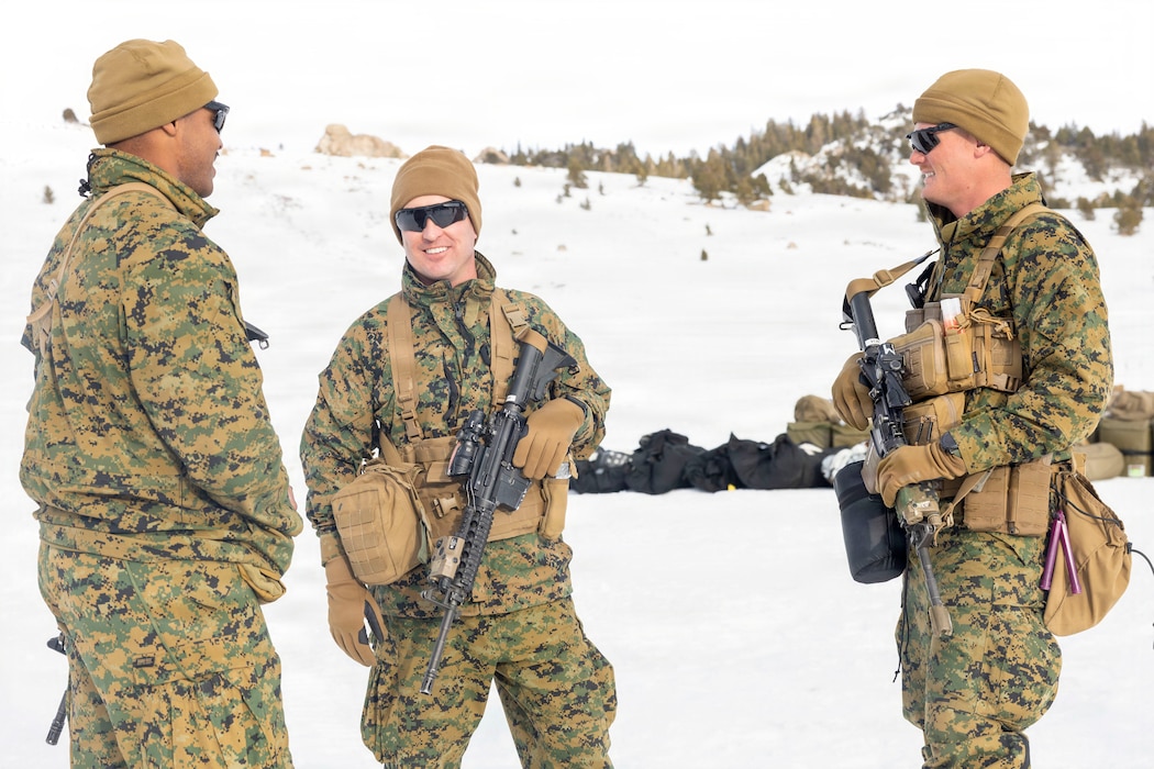 U.S. Marine Corps Lt. Col. Travis K. Chamberlin, center, commanding officer of Combat Logistics Battalion 24, Combat Logistics Regiment 27, 2nd Marine Logistics Group, speaks to Marines with during a tour of Grouse Meadows as part of Mountain Training Exercise 1-26 at Marine Corps Mountain Warfare Training Center in Bridgeport, California, Jan. 20, 2026. Exercises like MTX 1-26 prove Marines’ ability to provide flexible and responsive combat service support during high intensity combat operations in contested and mountainous terrain. Chamberlin is a native of Ohio. (U.S. Marine Corps photo by Lance Cpl. Isabella Ramos)