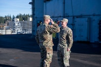 U.S. Airmen and U.S. Soldiers conduct a promotion ceremony aboard the Nimitz-class aircraft carrier USS Nimitz (CVN 68) in Bremerton, Washington, Jan. 16, 2026. Nimitz is in port for a scheduled maintenance availability. (U.S. Navy photo by Mass Communication Specialist 2nd Class Timothy J. Meyer)