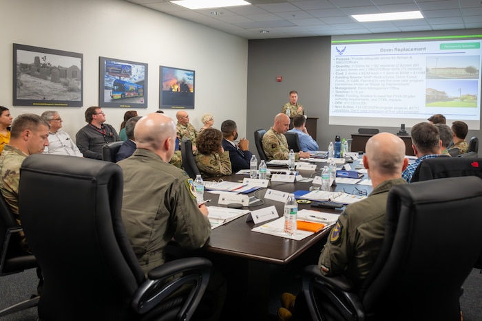 Col. Brad Bucholz, 412th Civil Engineer Group commander, briefs 412th Test Wing leadership on the proposals developed from a "Housing Sprint" workshop on Edwards Air Force Base, Jan. 15. The weeklong workshop included representatives from the Office of the Assistant Secretary of the Air Force, Installation and Environment, Air Force Installation and Mission Support Center, Air Force Civil Engineer Center and Mayroad private housing aimed at solving the critical housing shortage at Edwards AFB. (Photo by Giancarlo Casem)
