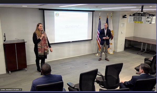 260123-N-MS174-1003 (Jan. 23, 2026) FALLS CHURCH, Va. Genevieve Landers, the program support specialist for the Navy Medicine Civilian Corps at the U.S. Navy Bureau of Medicine and Surgery, speaks during a town hall at Defense Health Headquarters, Jan. 23. With a community of more than 2,000 civilian employees in over 119 different occupations across the globe, the Navy Medicine Civilian Corps play a critical and foundational role in helping the Department of the Navy meet its mission and support our warfighters. (U.S. Navy screenshot by Bobbie A. Camp)