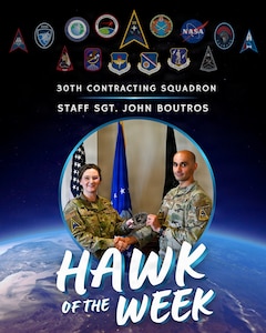 Graphic showing U.S. Air Force Col. Amy Horton, left, Space Launch Delta 30 commander's individual mobilization augmentee, presents Vandenberg’s Hawk of the Week Award to Staff Sgt. John Boutros, right, 30th Contracting Squadron contract specialist, during a weekly installation leadership meeting at Vandenberg Space Force Base, Calif., Jan. 28, 2026.
