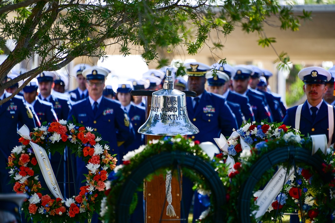 Coast Guard members from Sector St. Petersburg stand in formation at the memorial of the USCGC Blackthorn in St. Petersburg, Florida on Jan. 28, 2026. The USCGC Blackthorn collided with the motor vessel Capricorn approximately at 8:20 p.m. on January 28, 1980. (U.S. Coast Guard photo by Petty Officer 2nd Class Ilian Borrero-Aguirre)