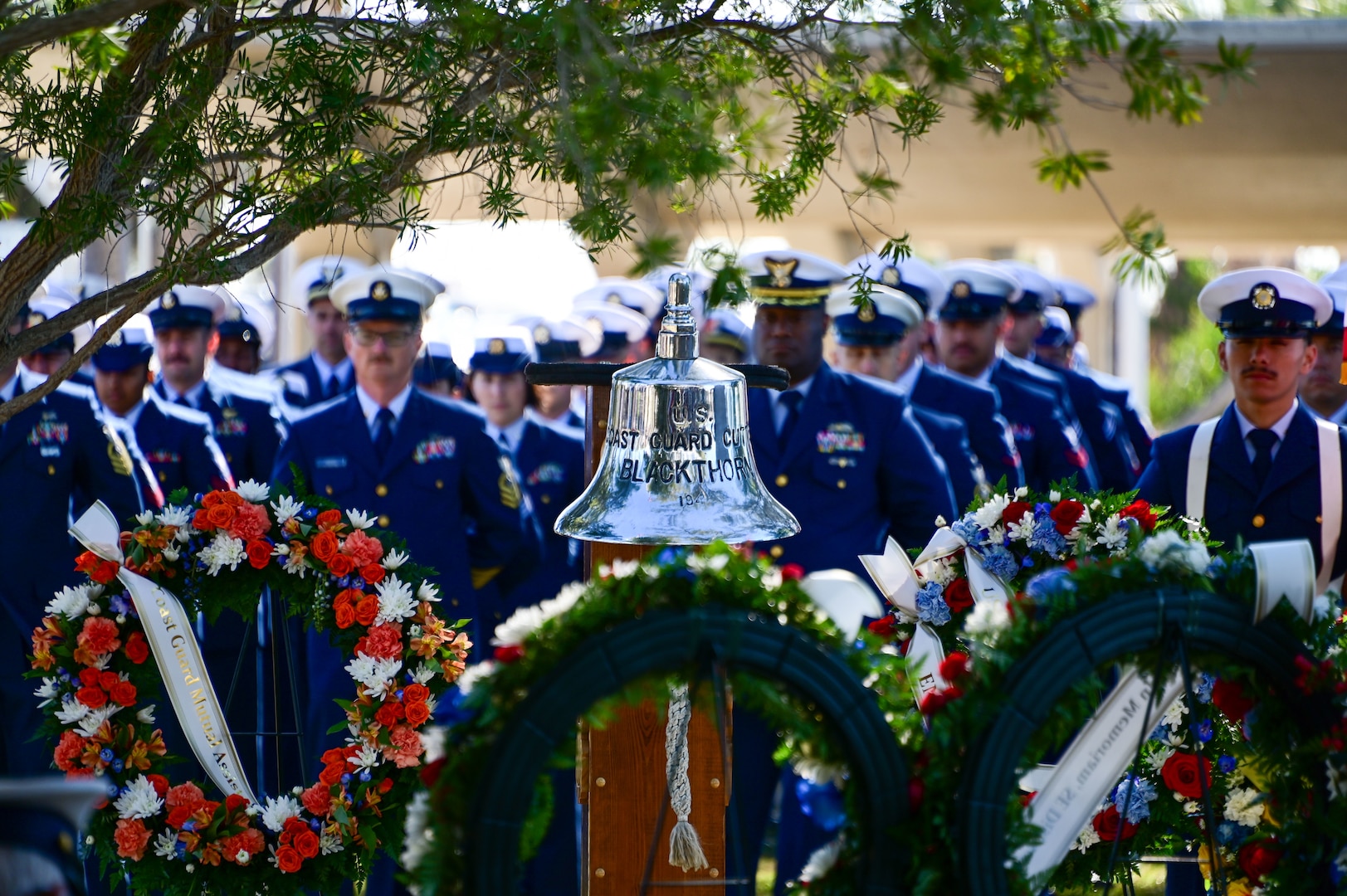 Coast Guard members from Sector St. Petersburg stand in formation at the memorial of the USCGC Blackthorn in St. Petersburg, Florida on Jan. 28, 2026. The USCGC Blackthorn collided with the motor vessel Capricorn approximately at 8:20 p.m. on January 28, 1980. (U.S. Coast Guard photo by Petty Officer 2nd Class Ilian Borrero-Aguirre)