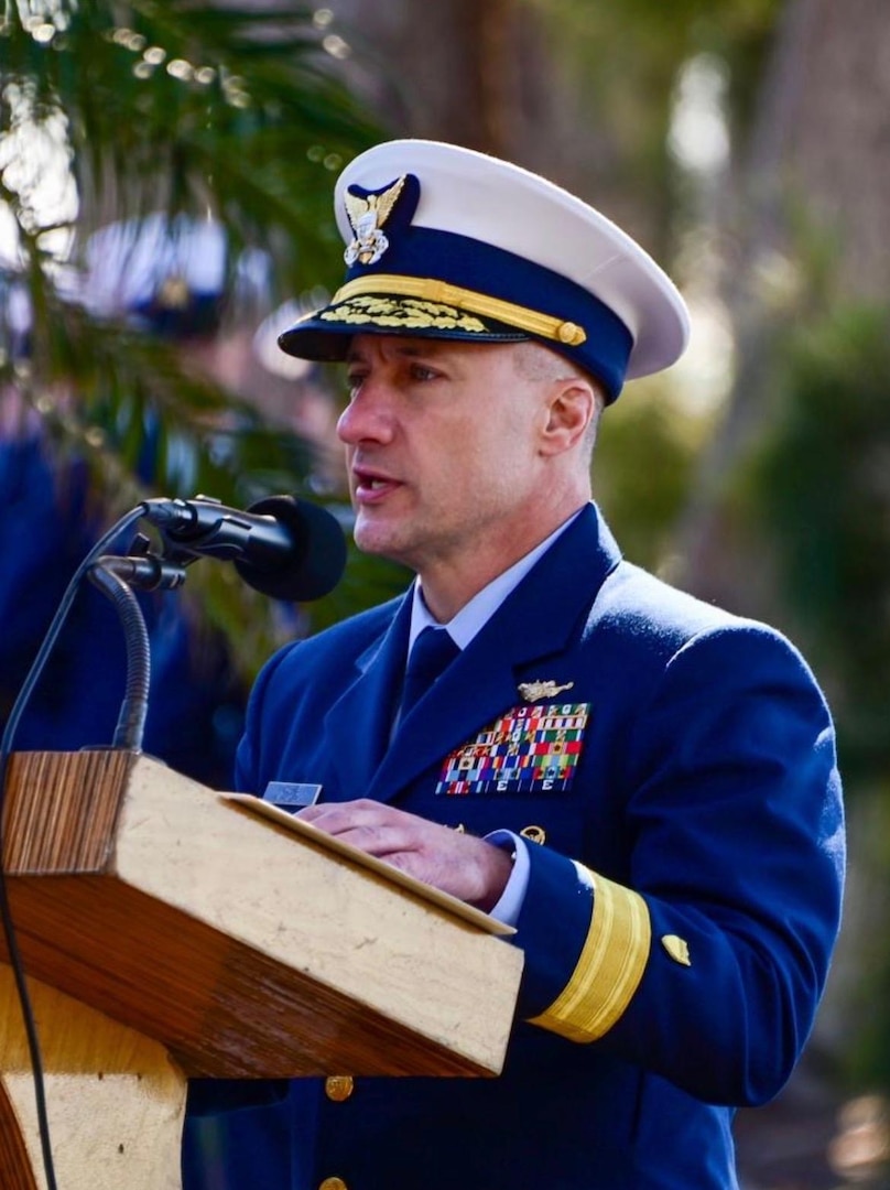 Rear Adm. Adam Chamie, Southeast District commanding officer, speaks to guests about the impact the USCGC Blackthorn had on safety in St. Petersburg, Florida on Jan. 28. 2026.The initial collision damage seemed limited, but the motor vessel Capricorn’s port anchor became embedded in USCGC Blackthorn’s port side above the water line. (U.S. Coast Guard photo by Petty Officer 2nd Class Ilian Borrero-Aguirre)