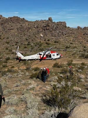 HM3 Jesse Jewel, a search and rescue (SAR) medical technician and Helicopter In-land Rescue Aircrewman (HIRA) trainee assigned to Air Test and Evaluation Squadron (VX) 31, conducts simulated real-world SAR training in the vicinity of Indian Wells near Inyokern, California, Jan. 19, 2026. The HIRA qualification certifies aircrew members to perform high-angle rappel operations during search and rescue missions, enhancing VX-31 SAR’s ability to respond in austere and mountainous environments. (Courtesy photo)