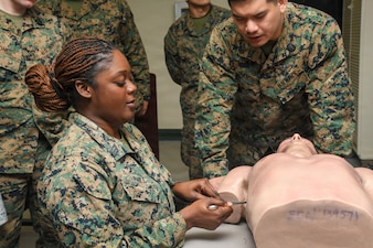 260122-N-FB730-1023 CAMP LEJEUNE. (January 22, 2026) a Hospital Corpsman does a tube thoracostomy on a manikin during a skill sustainment training with the Healthcare Simulation and Bioskills Center on January 22, 2026. The training focused on life saving medical techniques needed to ensure Sailors provide efficient medical care. (U.S. Navy photo by Mass Communications Specialist second class Justin Woods)