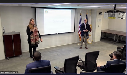 260123-N-MS174-1003 (Jan. 23, 2026) FALLS CHURCH, Va. Genevieve Landers, the program support specialist for the Navy Medicine Civilian Corps at the U.S. Navy Bureau of Medicine and Surgery, speaks during a town hall at Defense Health Headquarters, Jan. 23. With a community of more than 2,000 civilian employees in over 119 different occupations across the globe, the Navy Medicine Civilian Corps play a critical and foundational role in helping the Department of the Navy meet its mission and support our warfighters. (U.S. Navy screenshot by Bobbie A. Camp)