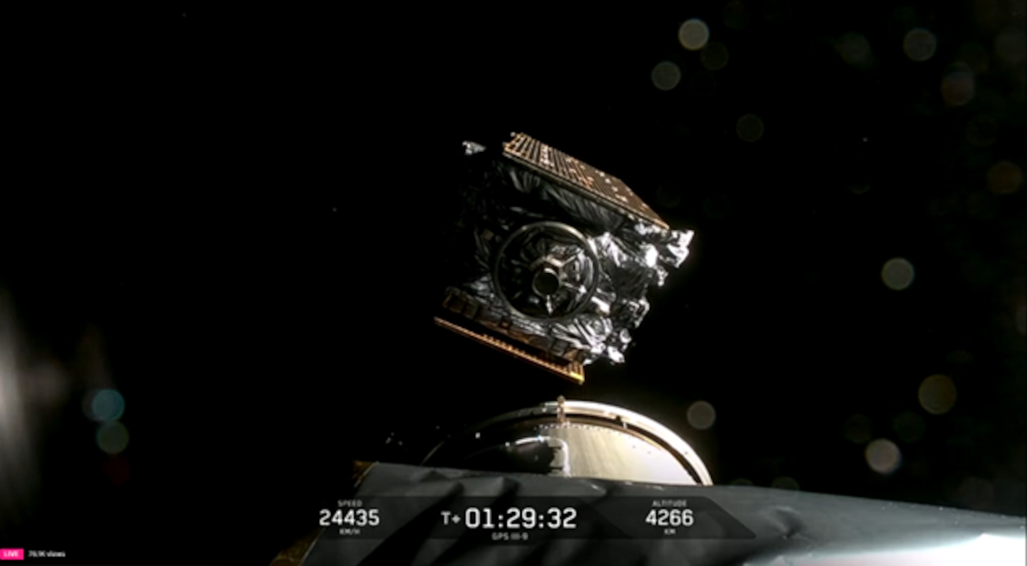 In a screen shot from the second stage onboard camera, the Lockheed Martin-built Global Positioning System (GPS)III-9 SV09, named in honor of NASA astronaut Col. Ellison Onizuka, is successfully deployed over the Pacific Ocean west of Mexico one hour and 29 mins after liftoff on Jan. 27 at 11:53 p.m. EST (8:53 p.m. PST) from Space Launch Complex 40 (SLC-40), Cape Canaveral Space Force Station, Florida, using a SpaceX Falcon 9 rocket. (Image credit: SpaceX)
