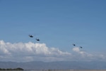 military helicopters fly in the sky