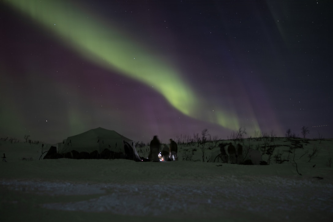 U.S. Marines and Sailors with Combat Logistics Battalion 6, Combat Logistics Regiment 2, 2nd Marine Logistics Group, bivouac under the northern lights in Setermoen, Norway, Jan. 20, 2026. Exercise Cold Response 26 is a Norwegian-led winter military exercise designed to enhance collective defense capabilities and ensure U.S. readiness to rapidly deploy and seamlessly operate alongside NATO Allies in challenging arctic conditions. (U.S. Marine Corps photo by Cpl. Apollo Wilson)