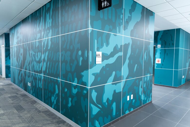 A blue wall with grey carpet.