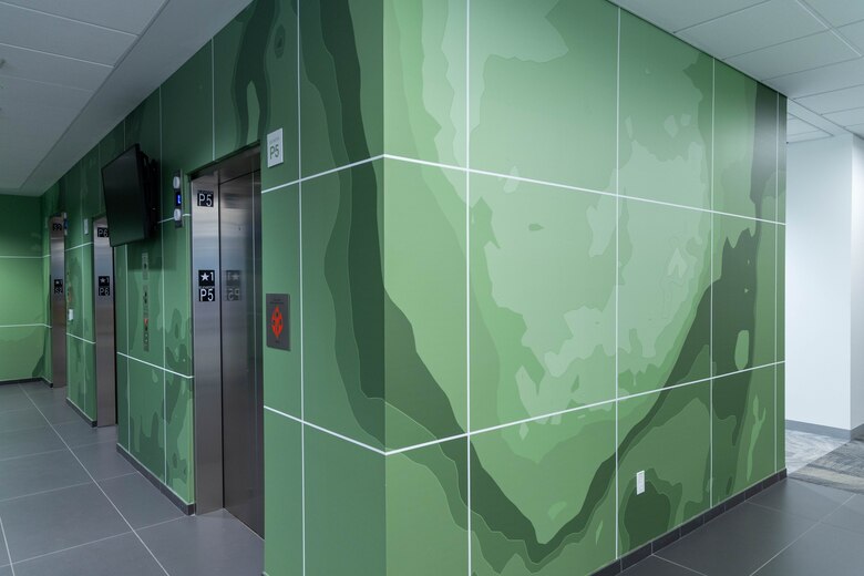 An elevator bank with green walls and grey carpet.