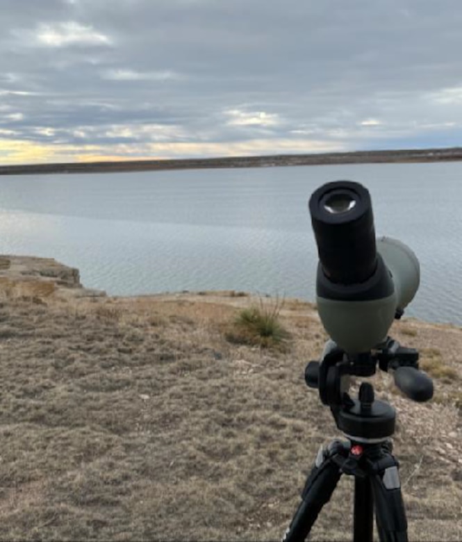 It was a cloudy morning on the water at John Martin Reservoir, Jan. 14, 2026. This is one of the spotting scopes used to observe eagles during the midwinter eagle survey. Altogether 25 eagles were counted during the event.