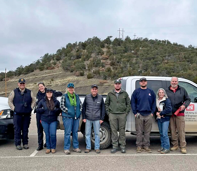 Group photo of the four volunteers and five agency staff from the USACE-Albuquerque District Trinidad Lake project office and Trinidad Lake State Park who participated in the midwinter eagle survey at the lake, Jan. 14, 2026. This year was the second year Trinidad Lake held an eagle survey.