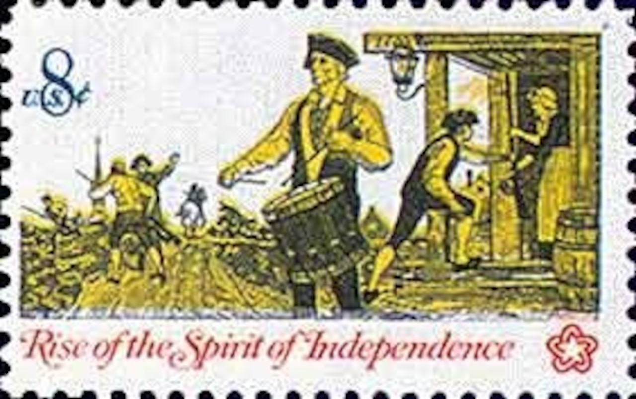 A postage stamp with a soldier dressed in a colonial uniform and playing a drum, as people in the background dance.