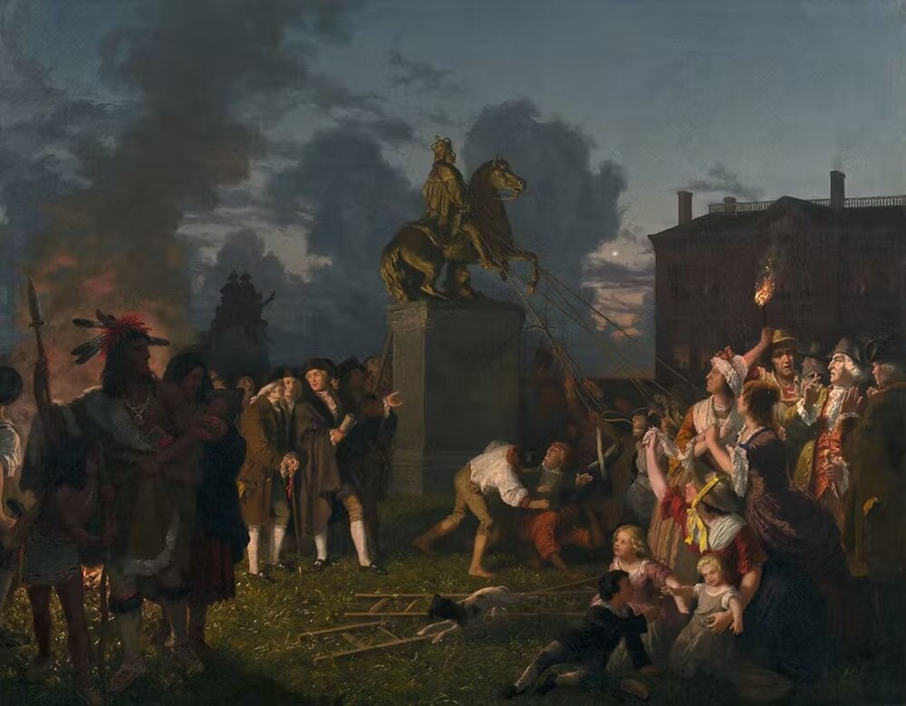 An oil painting depicts people at night pulling on ropes attached to a statue, atop which is a man on a horse. Other people in colonial attire are standing around the statue, observing.