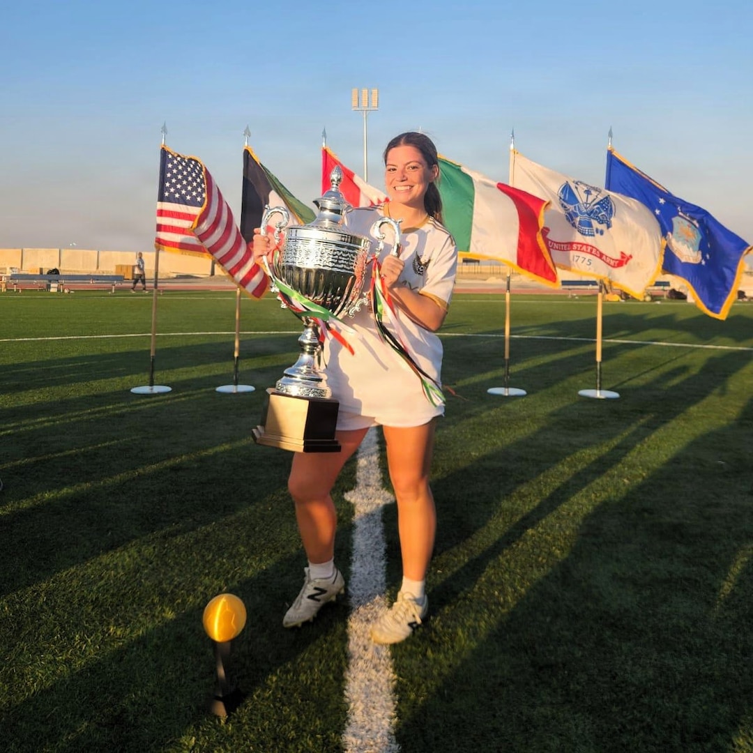 U.S. Army 1st Lt. Daniela McCurdy, a human resources officer with the 213th Personnel Company, 213th Regional Support Group, Pennsylvania National Guard, poses for a photo after being named the MVP of an international soccer tournament while deployed to Kuwait, May 2025.