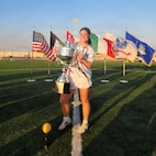 U.S. Army 1st Lt. Daniela McCurdy, a human resources officer with the 213th Personnel Company, 213th Regional Support Group, Pennsylvania National Guard, poses for a photo after being named the MVP of an international soccer tournament while deployed to Kuwait, May 2025.