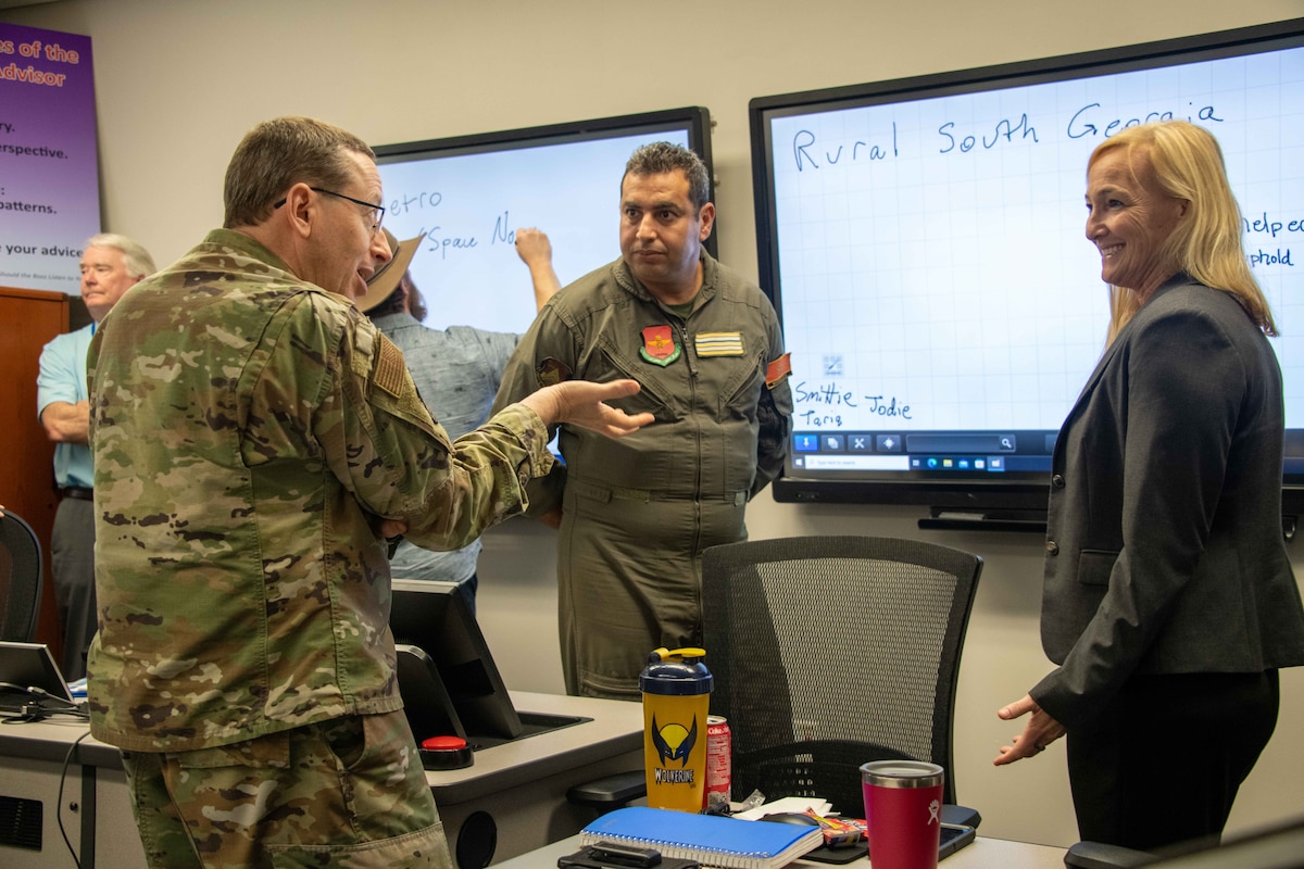 Civilian guests of the 69th National Security Forum join Air War College AY 23 students for breakout seminars at AWC, Maxwell Air Force Base, Ala., May10, 2023. NSF is a Secretary of the Air Force-sponsored program that brings civilian business leaders, entrepreneurs and academics together with their military counterparts to foster communication and learning.   (U.S. Air Force photo by Sean Ross)