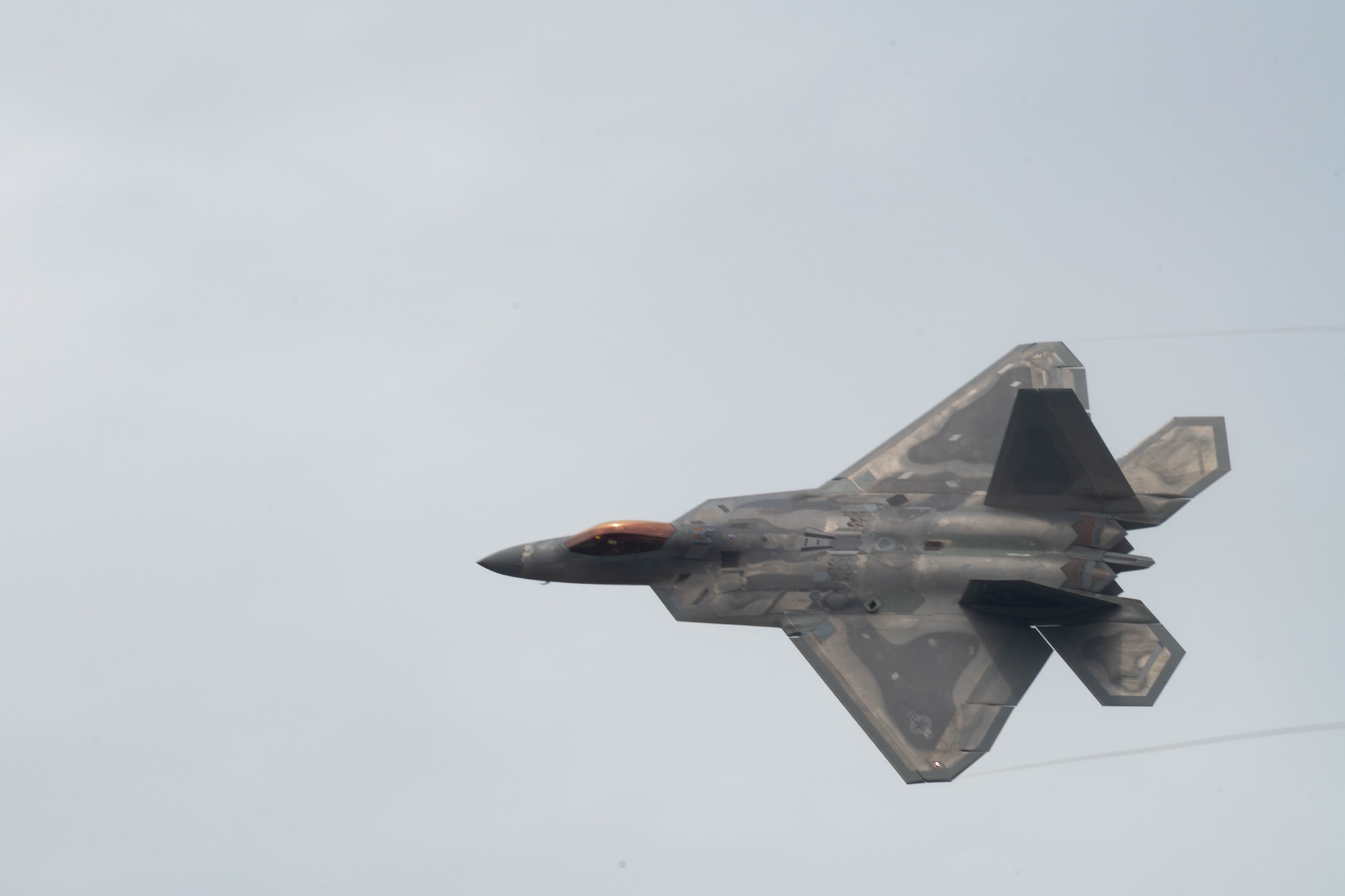 A F-22 Raptor performs a flight demonstration for members of the 71st National Security Forum on Maxwell Air Force Base, May 7, 2025.  The NSF is a Secretary of the Air Force sponsored event where attendees engage with U.S. and foreign national military officers and government civilians in a lecture and seminar structure to establish an environment for open engagements on the diplomatic, economic, informational, cultural, and military instruments of national power and how each benefits a more stable and prosperous world. (U.S. Air Force photo by Neo B. Greene III)