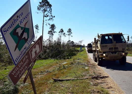 Engineers of the Georgia Army National Guard’s Douglasville-based 848th Engineer Company bring additional supplies and capabilities to relief efforts in Seminole County, Ga. These Soldiers helped establish a second point of distribution for relief supplies in Seminole County Oct. 14, 2018. Georgia National Guard photo by Maj. William Carraway / released