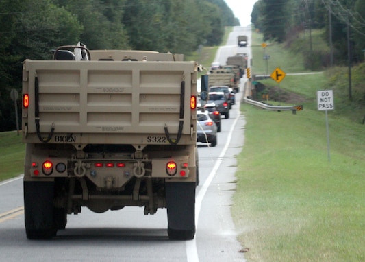WAYCROSS, Ga., October 8, 2016 - A column of Georgia Army National Guard vehicles of the Swainsboro-based 810th Engineer Company heads south to Glynn County to assist Hurricane Matthew response operations. Georgia National Guard photo by Sgt. James Braswell / released