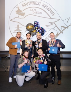 Six apprentices with Puget Sound Naval Shipyard & Intermediate Maintenance Facility San Diego Detachment pose for a photo Jan. 22, 2025, following the 2026 Southwest Regional Apprentice Program graduation ceremony at Southwestern College, Chula Vista, California.