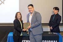 David Cannon, marine machinery mechanic, Southwest Regional Maintenance Center, receives the 2026 Apprenticeship Scholastic Award, Jan. 22, 2026, during the 2026 Southwest Regional Apprentice Program graduation ceremony at Southwestern College, Chula Vista, California. (U.S. Navy photo by Wendy Hallmark)