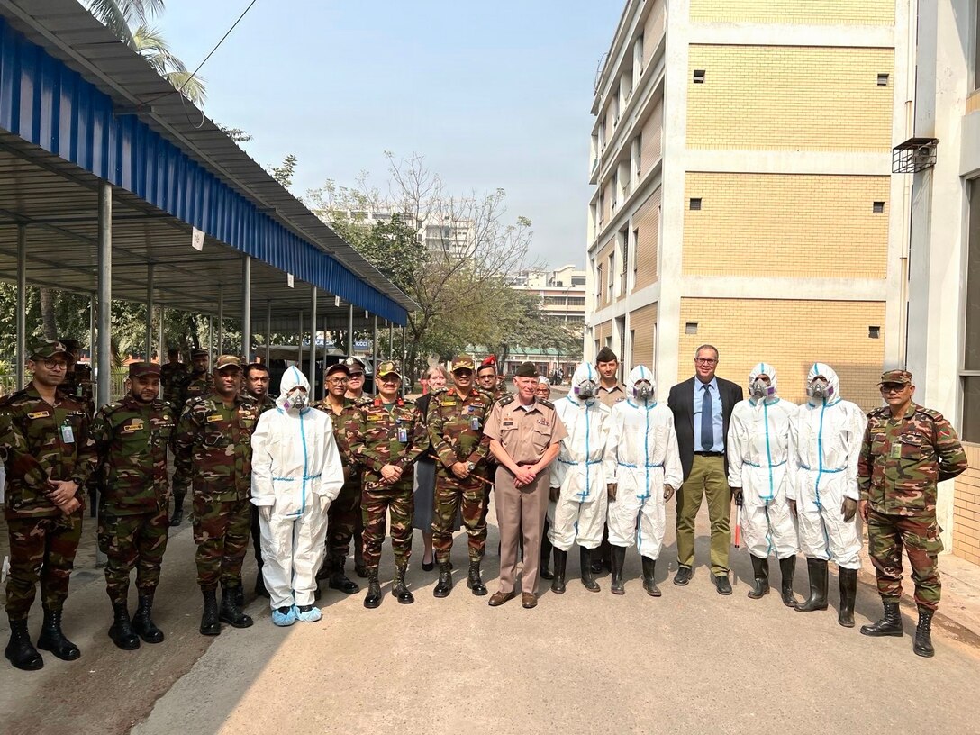 U.S. Army Maj. Gen. E. Darrin Cox, 18th Theater Medical Command commander, stands with Bangladeshi military and medical personnel following a chemical, biological, radiological, and nuclear (CBRN) medical response demonstration in Sylhet, Bangladesh, Jan. 21, 2026.