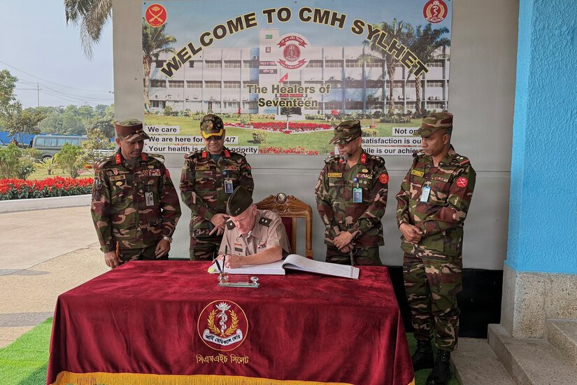U.S. Army Maj. Gen. E. Darrin Cox, 18th Theater Medical Command commander, tours the Jalalabad Cantonment and Combined Military Hospital with Bangladeshi military officials and U.S. Embassy Dhaka officials in Sylhet, Bangladesh, Jan. 21, 2026