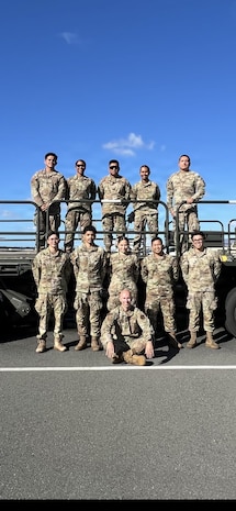 Airmen assigned to the 48th Aerial Port Squadron pose for a group photo at Joint Base Pearl Harbor-Hickam, Hawaii, Nov. 13, 2025.