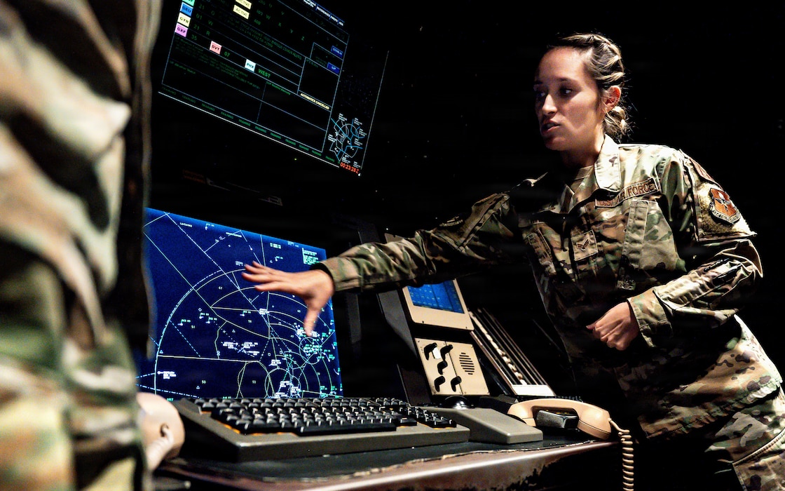 U.S. Air Force Senior Airman Alicia Rivera, 56th Operations Support Squadron air traffic control specialist, showcases the 56th Fighter Wing’s airfield operations highlighting the scale complexity and global training mission of the world’s largest fighter base, Jan. 28, 2026, at Luke Air Force Base, Arizona. (U.S. Air Force photo by Airman 1st Class Belinda Guachun-Chichay)