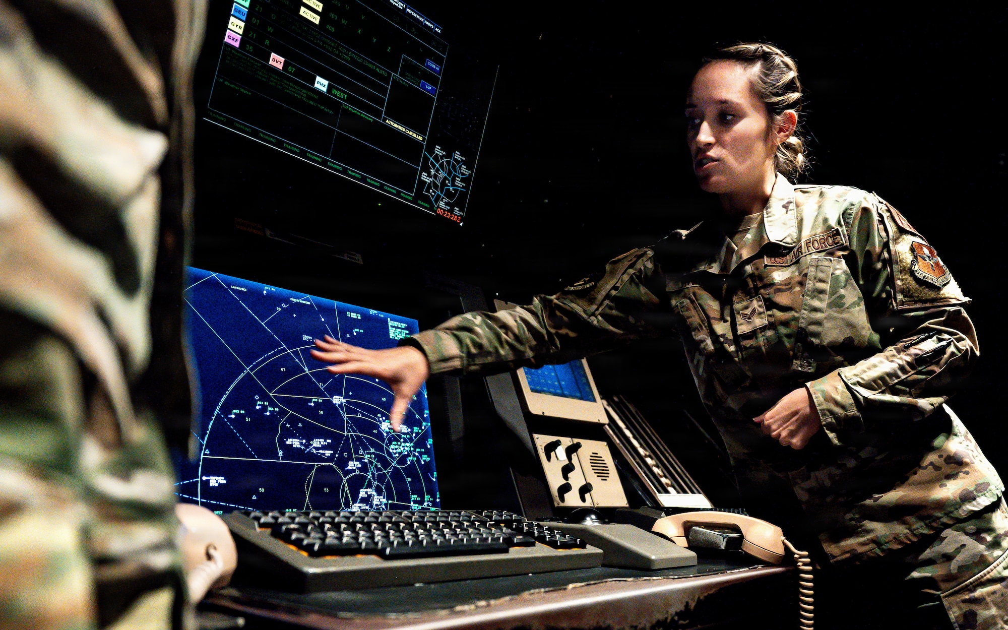 U.S. Air Force Senior Airman Alicia Rivera, 56th Operations Support Squadron air traffic control specialist, showcases the 56th Fighter Wing’s airfield operations highlighting the scale complexity and global training mission of the world’s largest fighter base, Jan. 28, 2026, at Luke Air Force Base, Arizona. (U.S. Air Force photo by Airman 1st Class Belinda Guachun-Chichay)