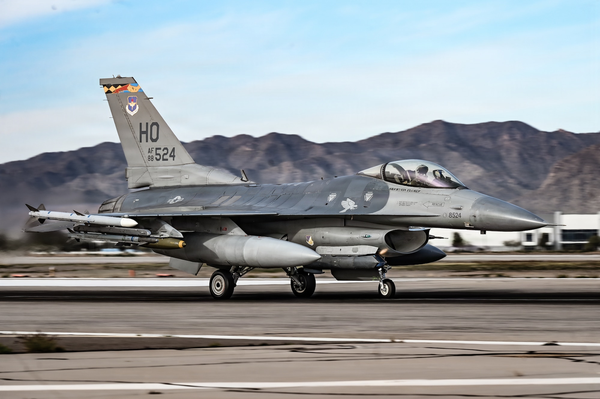 A U.S. Air Force F-16 Fighting Falcon assigned to Holloman Air Force Base, taxis Jan. 29, 2026, at Luke Air Force Base, Arizona. The aircraft supported fourth- and fifth-generation training, ensuring Airmen are prepared to operate effectively in complex operational scenarios. (U.S. Air Force photo by Airman 1st Class Belinda Guachun-Chichay)