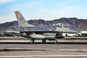 A U.S. Air Force F-16 Fighting Falcon assigned to Holloman Air Force Base, taxis Jan. 29, 2026, at Luke Air Force Base, Arizona. The aircraft supported fourth- and fifth-generation training, ensuring Airmen are prepared to operate effectively in complex operational scenarios. (U.S. Air Force photo by Airman 1st Class Belinda Guachun-Chichay)