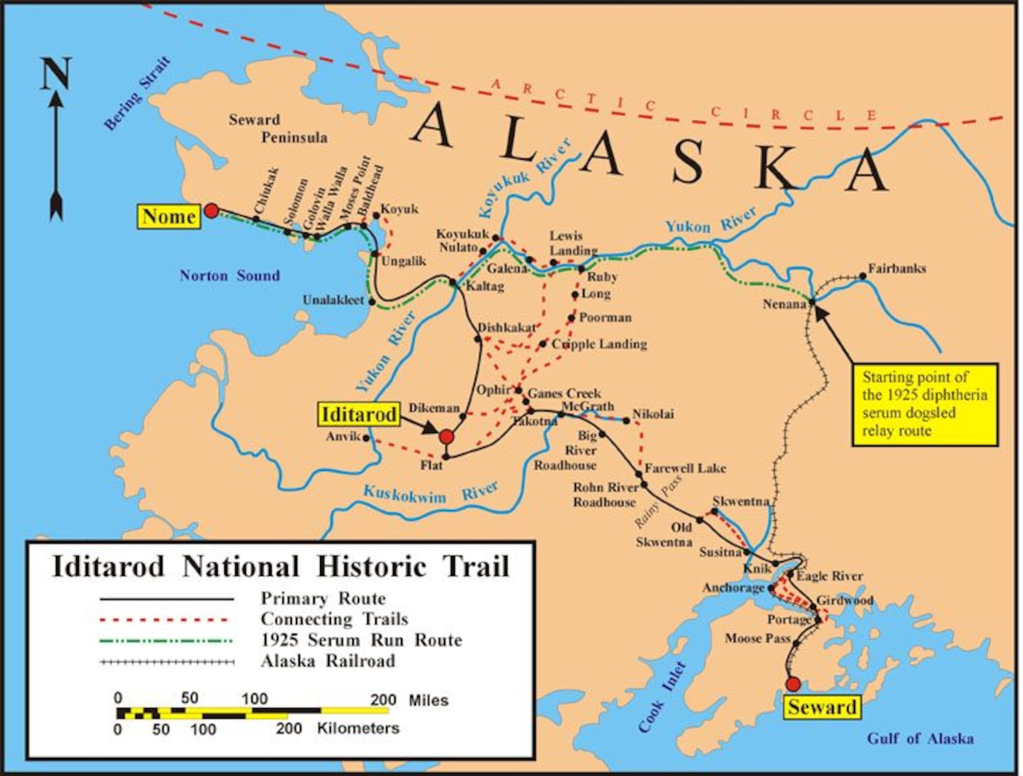 A map depicting the Iditarod National Historic Trail and Alaska.