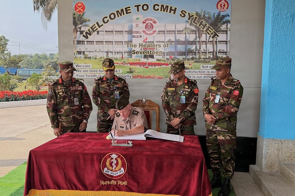 U.S. Army Maj. Gen. E. Darrin Cox, 18th Theater Medical Command commander, tours the Jalalabad Cantonment and Combined Military Hospital with Bangladeshi military officials and U.S. Embassy Dhaka officials in Sylhet, Bangladesh, Jan. 21, 2026