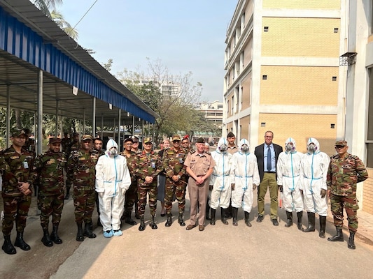 U.S. Army Maj. Gen. E. Darrin Cox, 18th Theater Medical Command commander, stands with Bangladeshi military and medical personnel following a chemical, biological, radiological, and nuclear (CBRN) medical response demonstration in Sylhet, Bangladesh, Jan. 21, 2026.